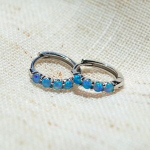 New Women 925 Sterling Silver Blue Synthetic Opal Huggie Hoop Earrings